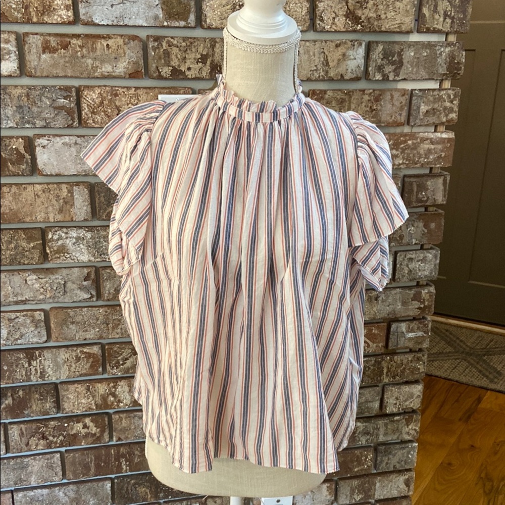 Trovata Carla Striped Flutter Sleeve Blouse with High Collar